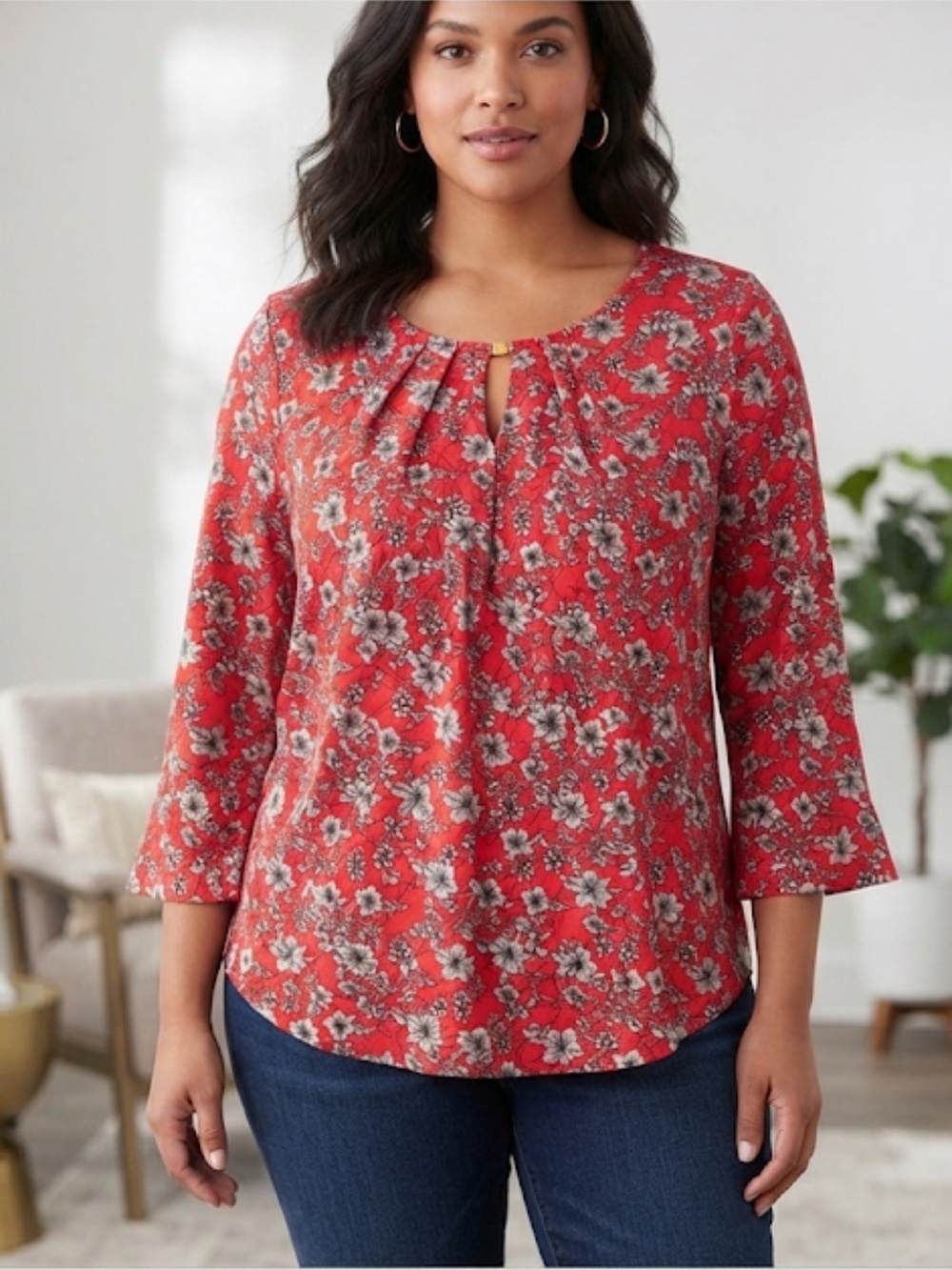 💕Liz Claiborne Red Floral Keyhole Blouse
